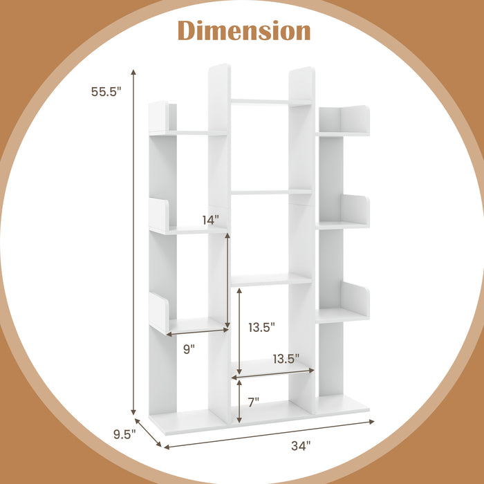 Tree-Shaped Bookshelf with 13 Compartments-White