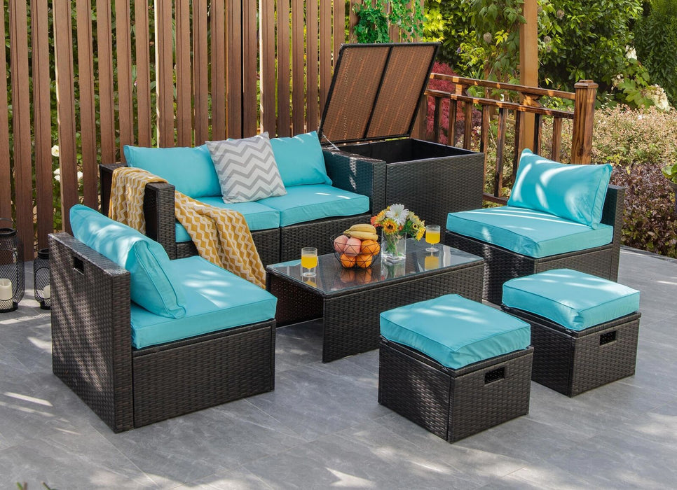 8 Pieces Patio Space-Saving Rattan Furniture Set with Storage Box and Waterproof Cover-Turquoise