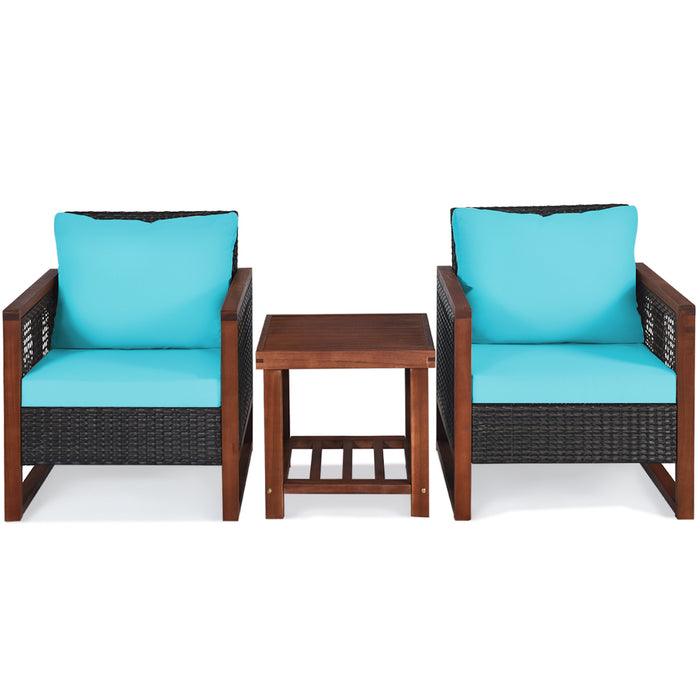 3 Pieces Acacia Wood Patio Furniture Set with Coffee Table-Turquoise