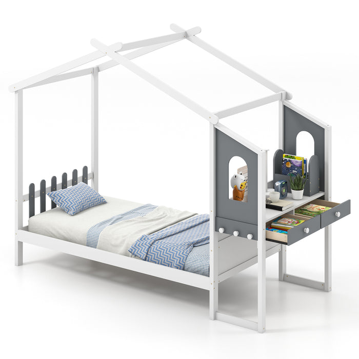 Twin/Full Bed Frame with House Roof Canopy and Fence for Kids-Twin Size