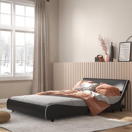 Upholstered Platform Bed Frame Low Profile Faux Leather with Curved Headboard-Full Size