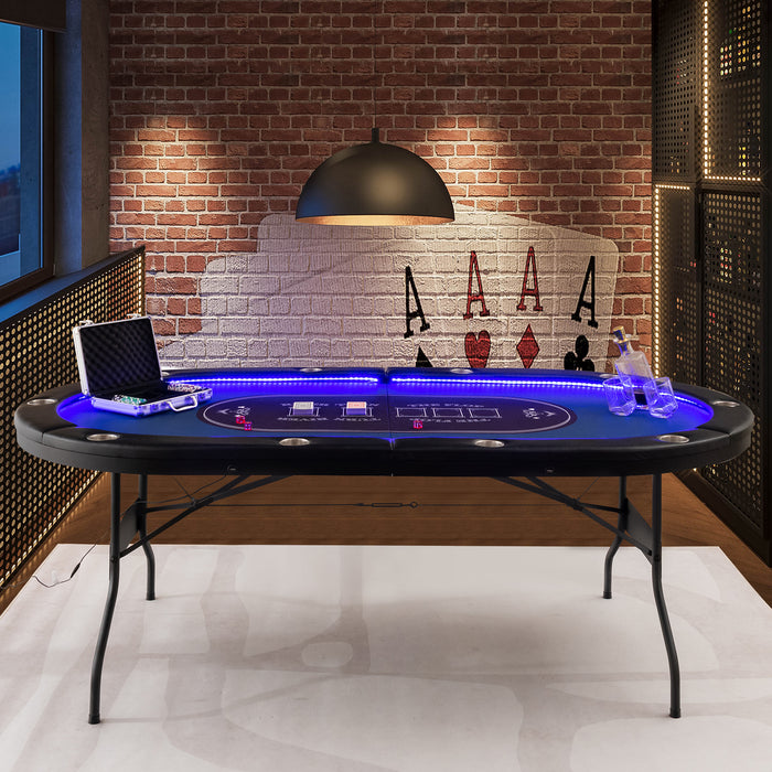 Foldable 10-Player Poker Table with LED Lights and USB Ports Ideal for Texas Casino-Blue