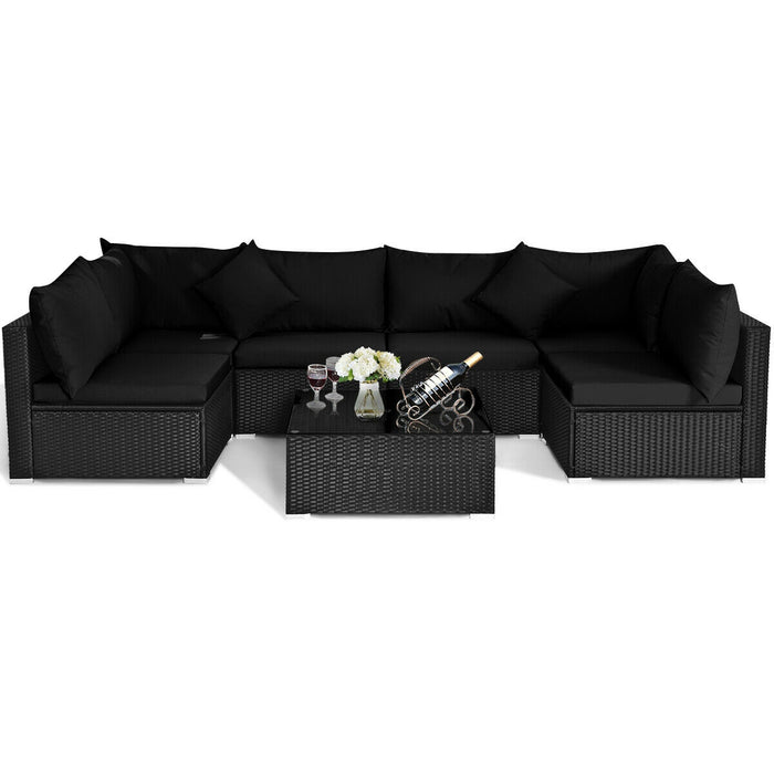 7 Pieces Outdoor Sectional Wicker Patio Furniture Sofa Set with Tempered Glass Top and Softy Cushions-Black