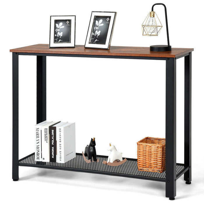 Metal Frame Wood Console Sofa Table with Storage Shelf-Black