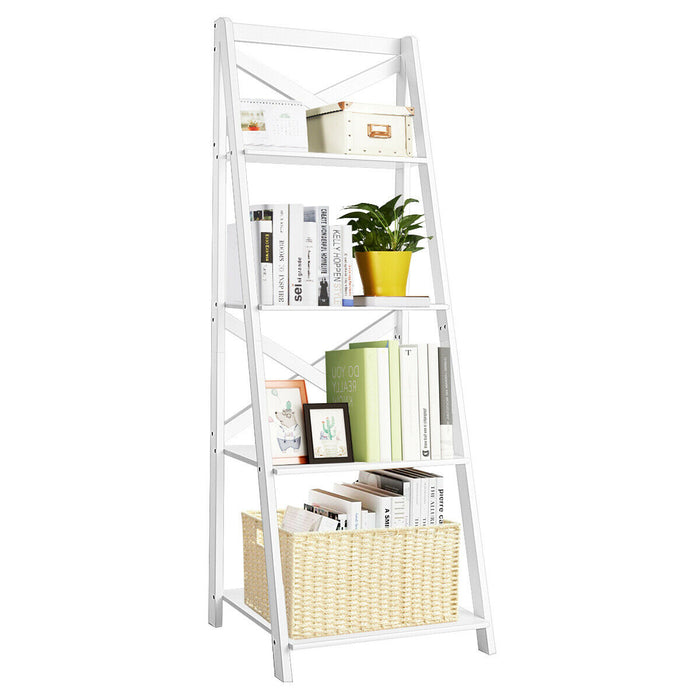 4-tier Leaning Free Standing Ladder Shelf Bookcase-White