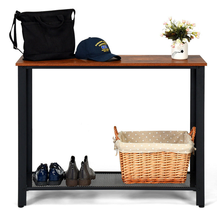 Metal Frame Wood Console Sofa Table with Storage Shelf-Black