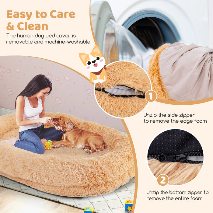 Washable Fluffy Human Dog Bed with Soft Blanket and Plump Pillow-Brown