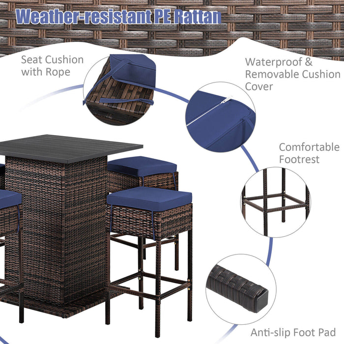 5 Pieces Patio Rattan Bar Table Stool Set Hidden Storage Shelf Cushioned-Navy