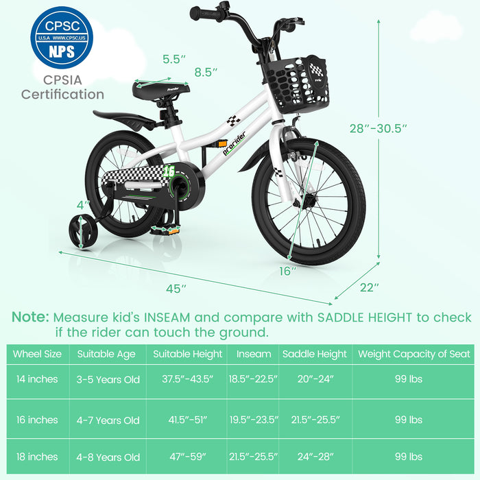 16 Inch Kids Bike with Removable Training Wheels-Black & White