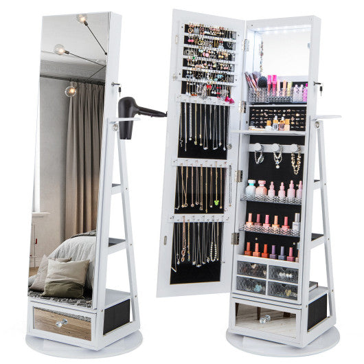 Lockable 360Â° Swivel Jewelry Cabinet with Full-Length Mirror LED Lights-White