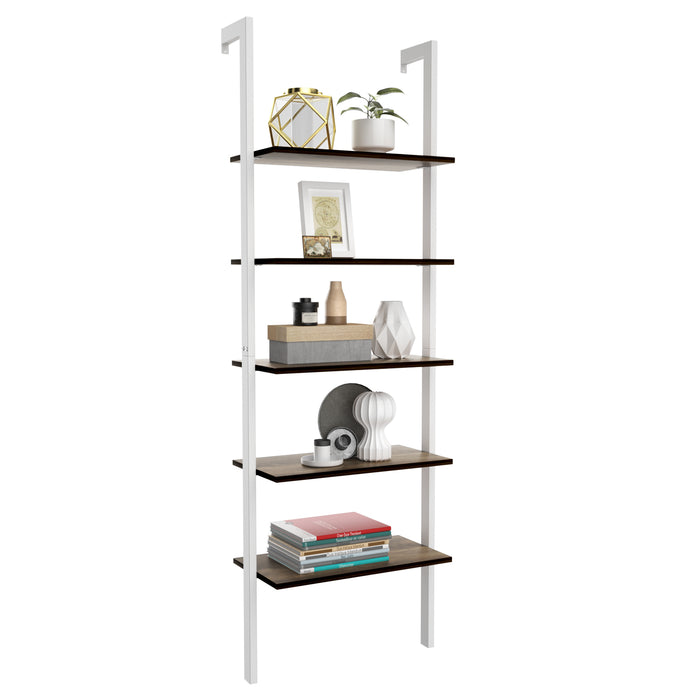 5-Tier Wood Look Ladder Shelf with Metal Frame for Home-White