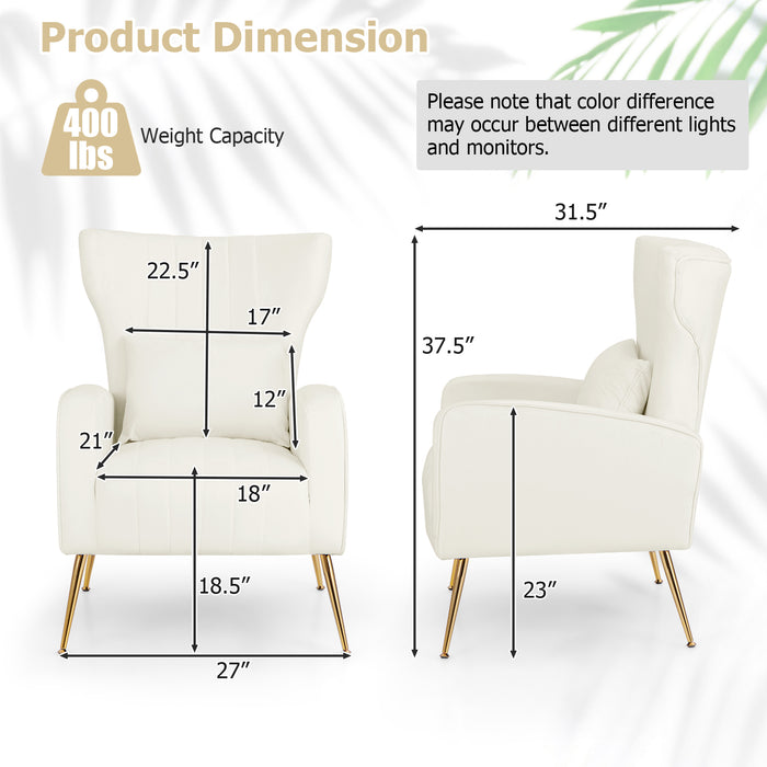 Velvet Upholstered Wingback Chair with Lumbar Pillow and Golden Metal Legs-White