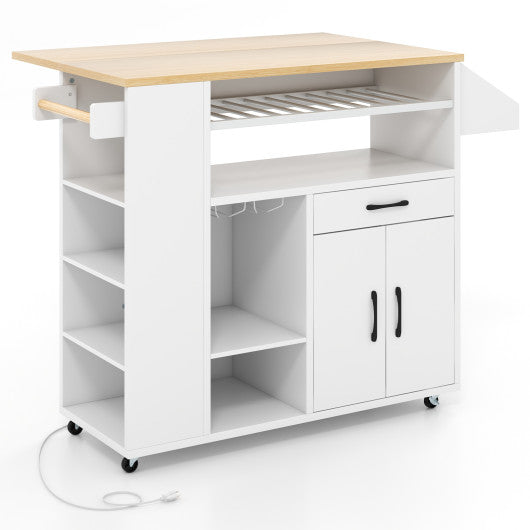 Rolling Kitchen Island Cart with Power Outlet for Dining Room-White and Natural