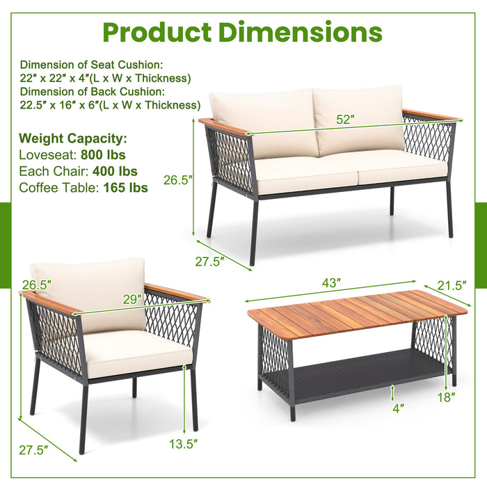 4 Piece Patio Rattan Furniture Set with 2-Tier Coffee Table-White