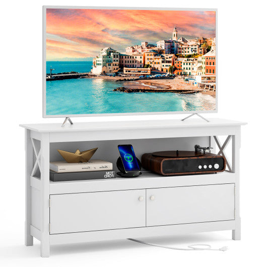 TV Stand Entertainment Center with Charging Station for TVs up to 50 Inch-White