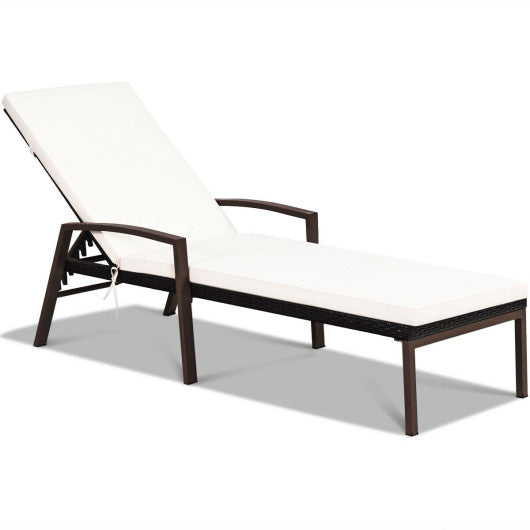 Patio Rattan Lounge Chaise Recliner with Back Adjustable Cushioned-White