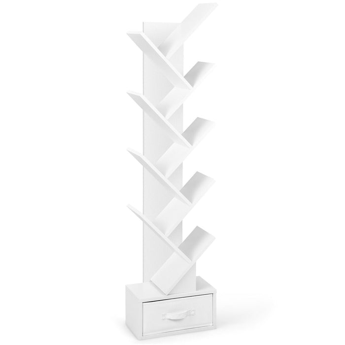 10-Tier Bookshelf with Drawer Free-standing Storage Bookcase-White