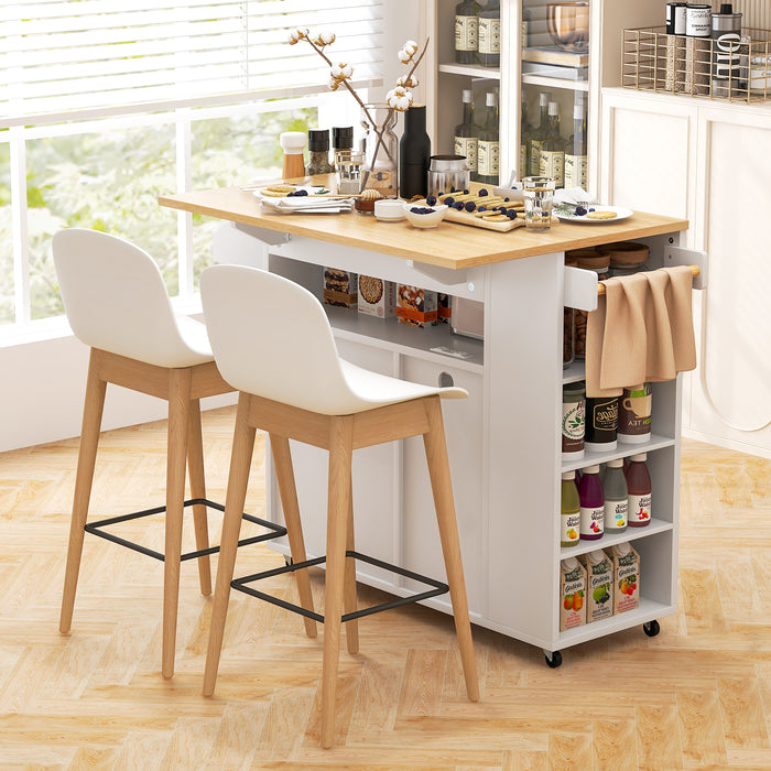 Rolling Kitchen Island Cart with Power Outlet for Dining Room-White and Natural