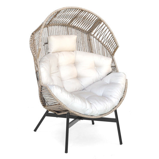 Wicker Oversized Egg Style Chair with Cushions and Headrest-Off White