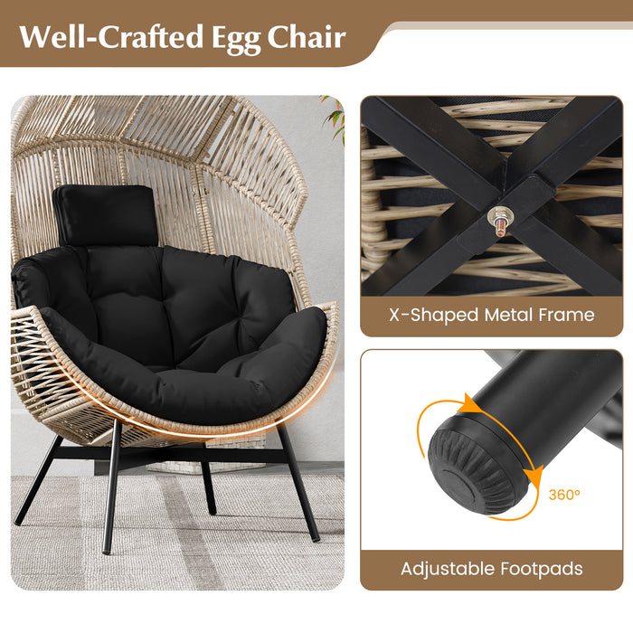 Wicker Oversized Egg Style Chair with Cushions and Headrest-Black