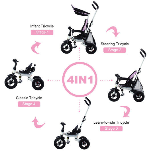 4-in-1 Detachable Learning Baby Tricycle Stroller w/ Canopy Bag-Pink