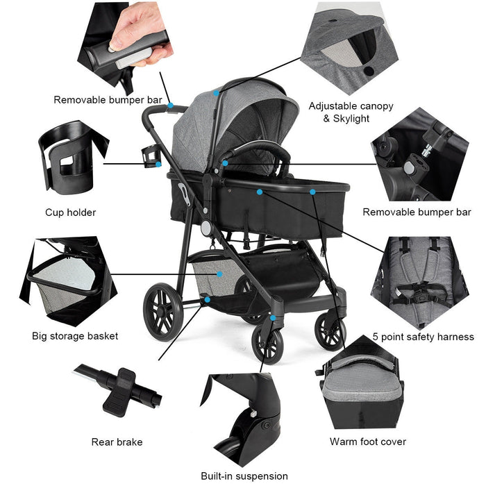 2-in-1 Foldable Pushchair Newborn Infant Baby Stroller-Gray