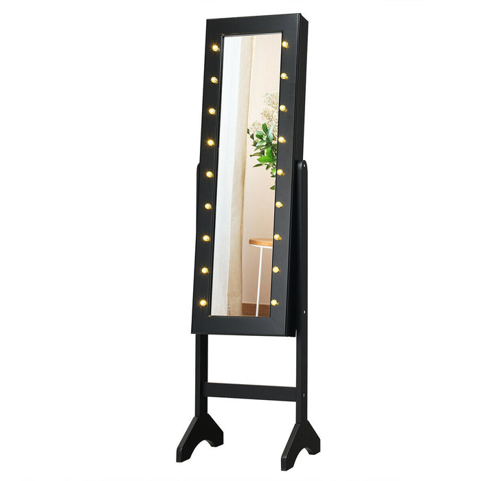 Mirrored Jewelry Cabinet Armoire Organizer w/ LED lights-Black