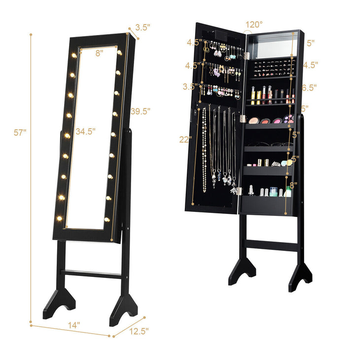 Mirrored Jewelry Cabinet Armoire Organizer w/ LED lights-Black