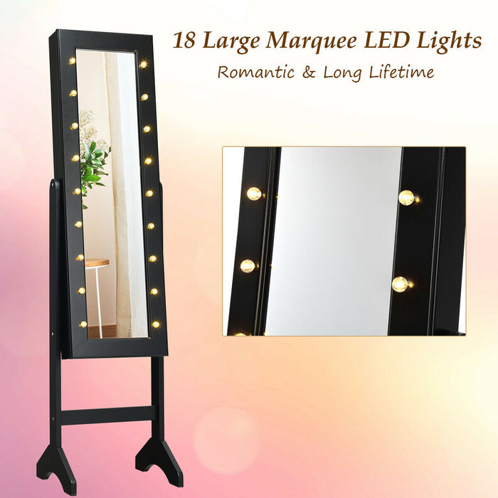 Mirrored Jewelry Cabinet Armoire Organizer w/ LED lights-Black